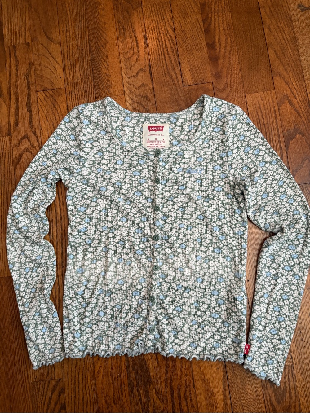 Levi's Blue Green Floral Ribbed Ruffle Long Sleeve Button Shirt Girls Size M